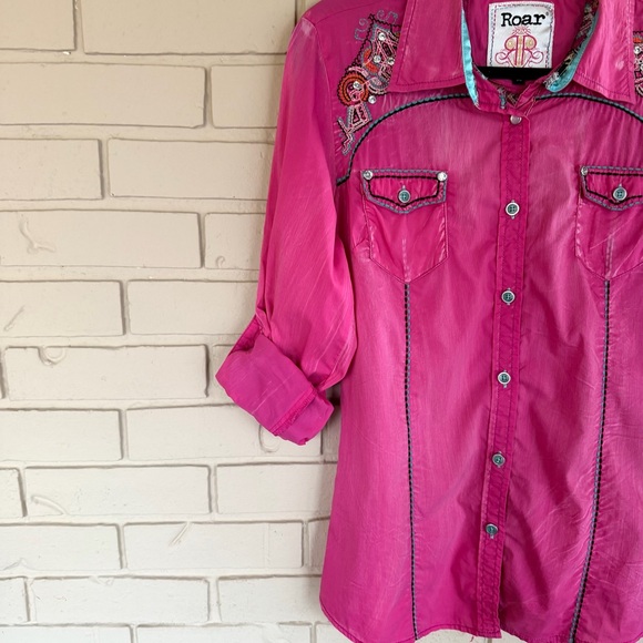 Roar Signature Shirt Womens Pink Western Embellished Rhinestone Cowgirl Medium M - Picture 3 of 10